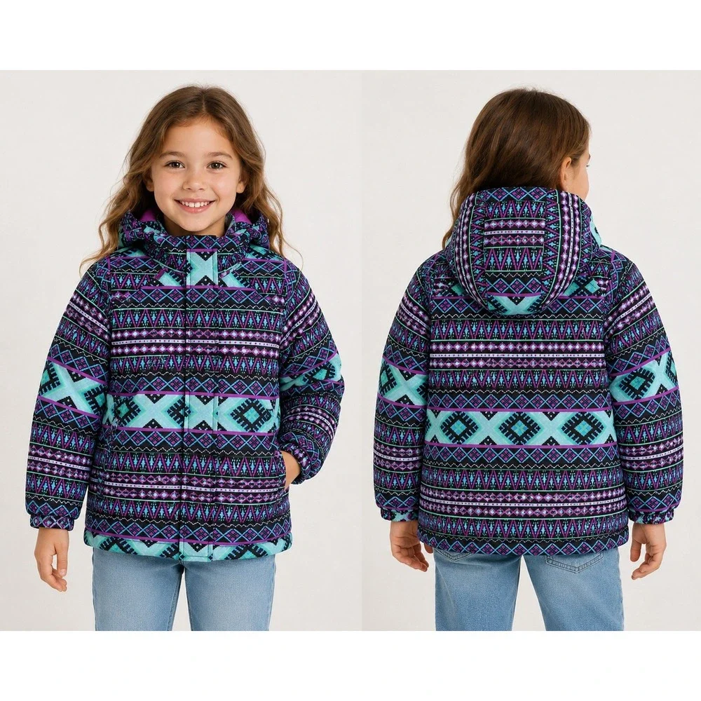 The Children's Place Girls XS 4 Puffer Jacket Geometric Purple Teal Hooded Coat
